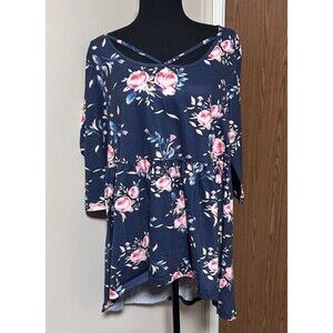 Women Bloomchic US 14-16 Plus Babydoll Top Navy Floral Blouse Stretch Long Shirt